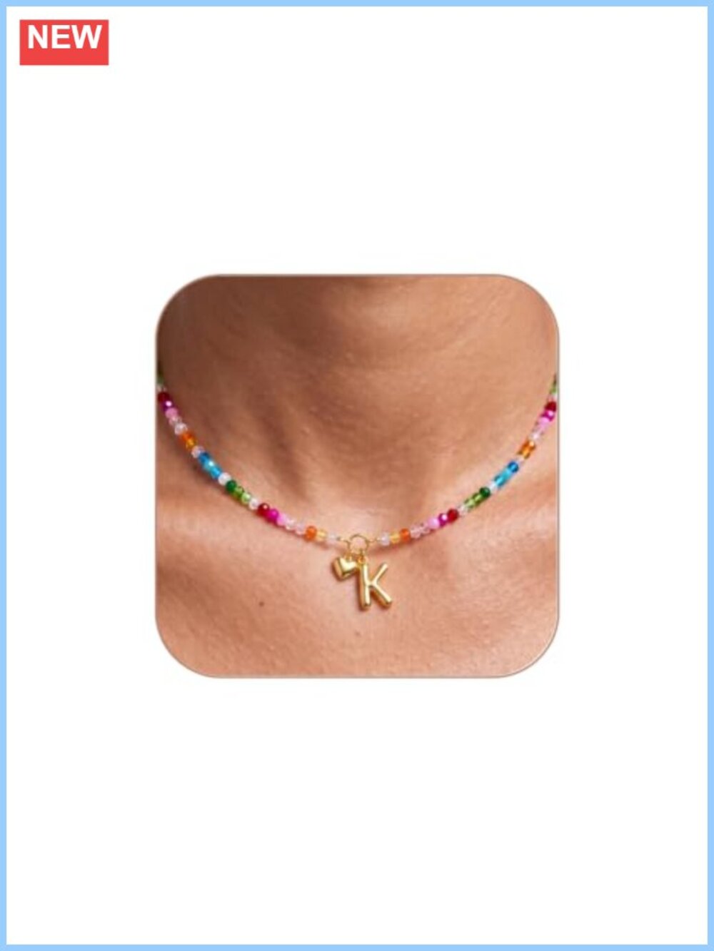 Colorful Beaded Initial Necklace with Bubble Letter and Heart Charm Pendant